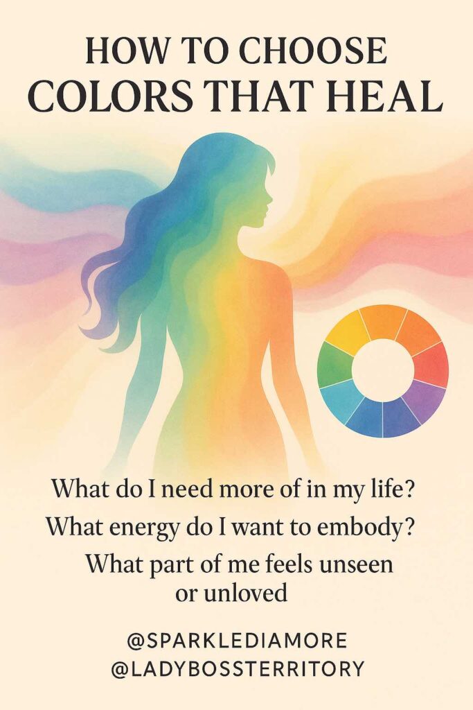 Illustration of a woman surrounded by healing colors with a color wheel, symbolizing how to choose colors that support emotional healing and energy balance.