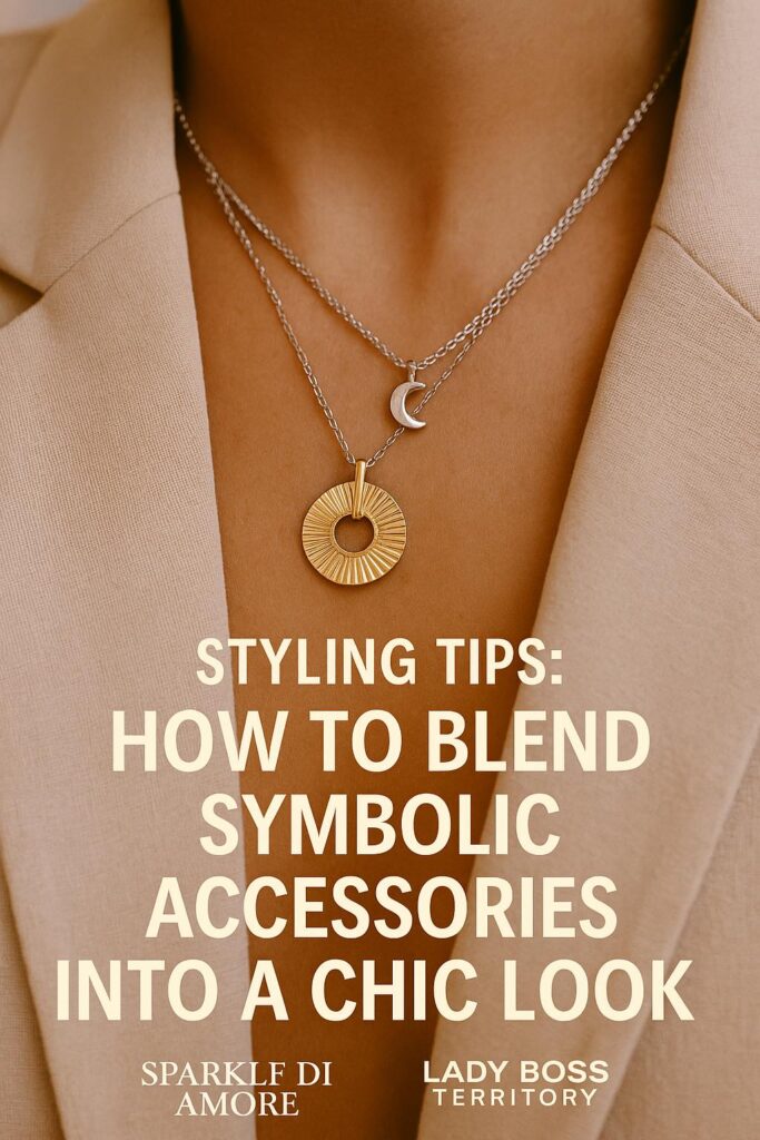 Layered symbolic necklaces featuring a moon and sun pendant styled with a neutral blazer, showcasing how to wear intentional jewelry with meaning.