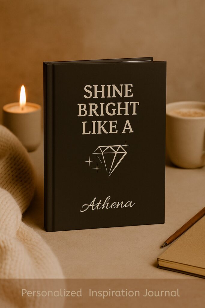 Personalized black inspiration journal with diamond design and motivational quote “Shine Bright Like a Diamond,” symbolizing clarity, confidence, and inner light.