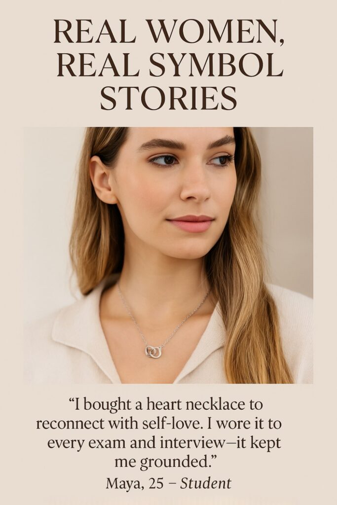 Young woman wearing a sterling silver infinite love necklace with two intertwined hearts, symbolizing connection, grounding, and self-love.