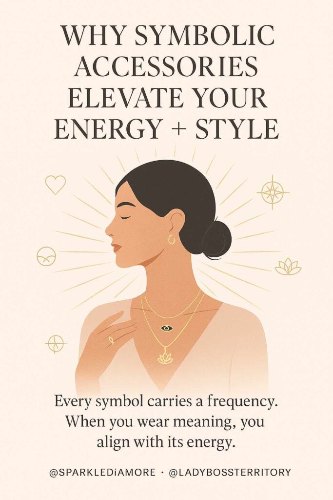 Chic illustrated woman wearing symbolic jewelry including the evil eye, lotus, and infinity, symbolizing how accessories elevate both energy and style.
