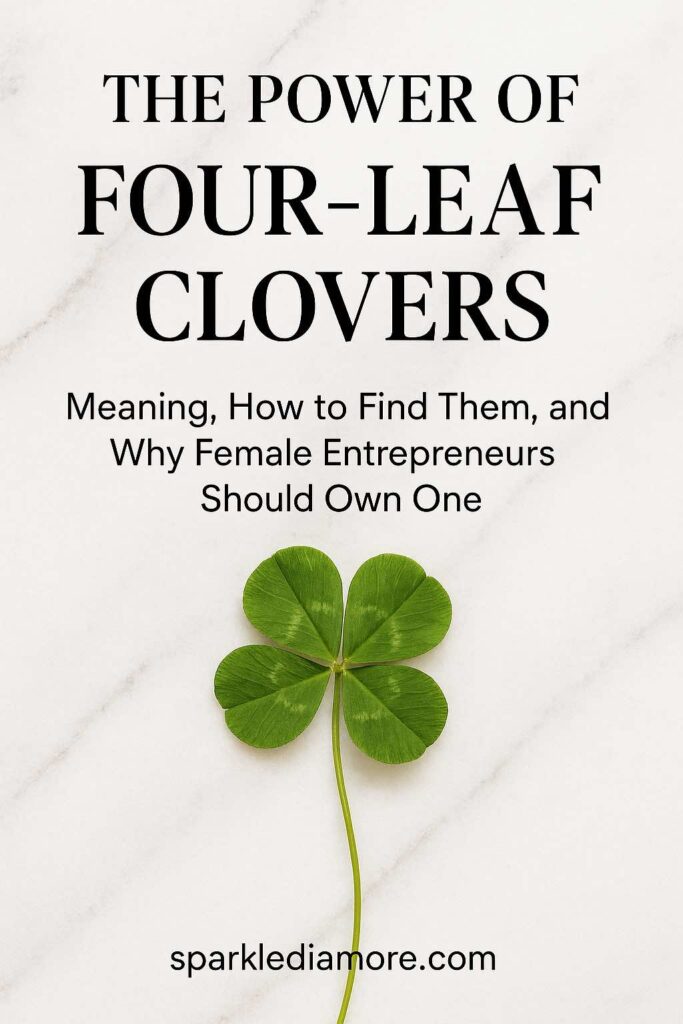 Minimalist pin showing a four-leaf clover with text overlay about its meaning as a symbol for accessories with intention.
