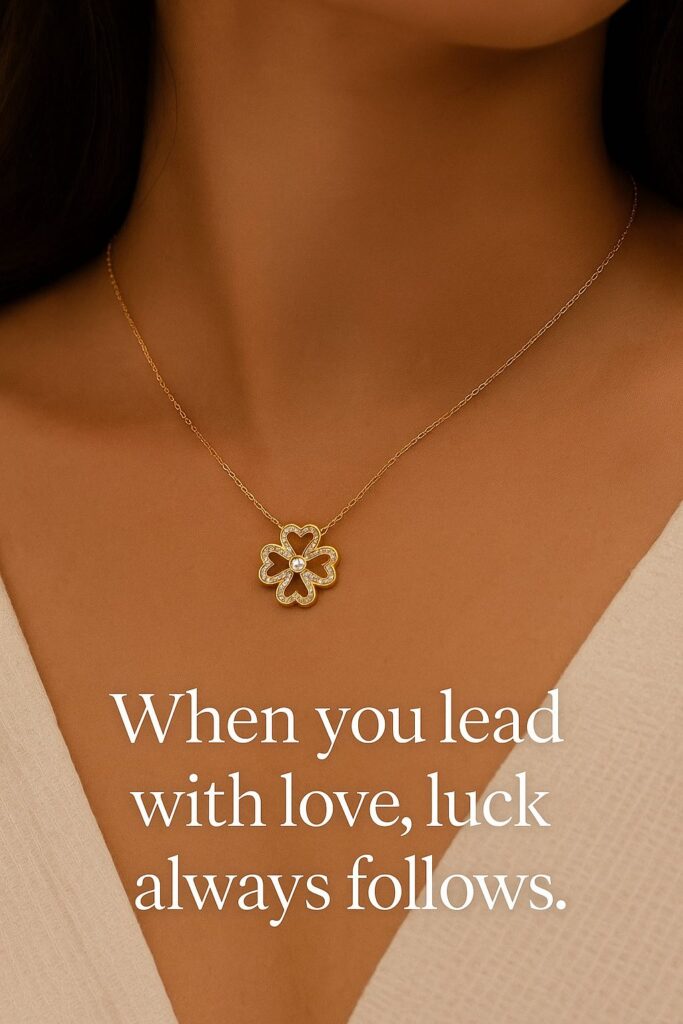 Close-up of a woman wearing a gold clover heart necklace symbolizing love, luck, and self-worth — a reminder to gift yourself with intention and positive energy.