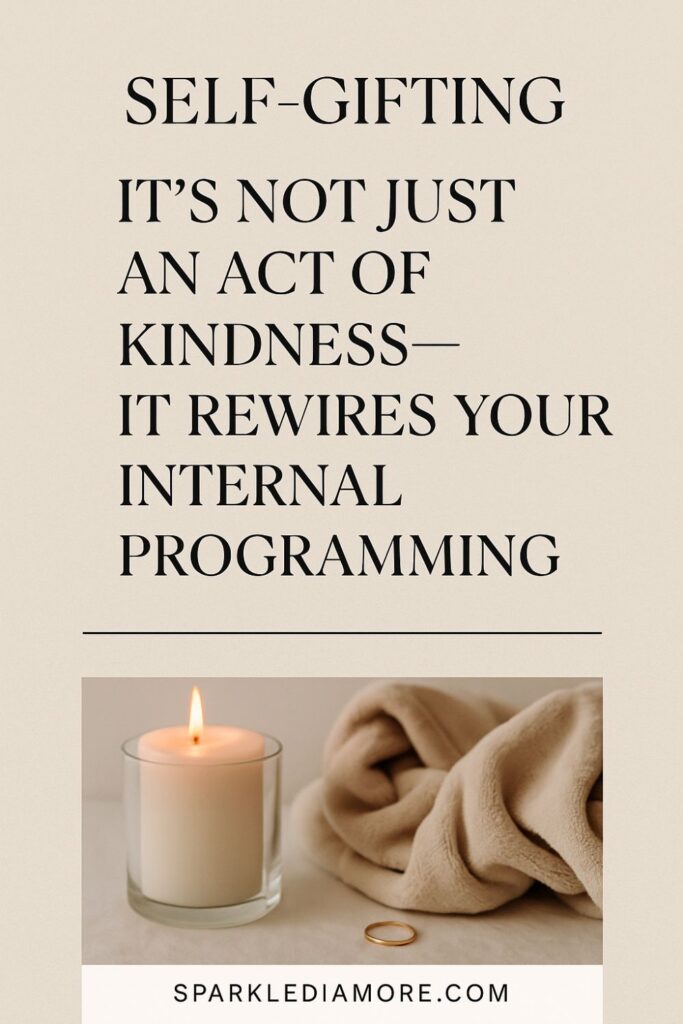 Inspirational self-care quote about self-gifting with candle, blanket, and ring – rewiring your mindset through little luxuries.