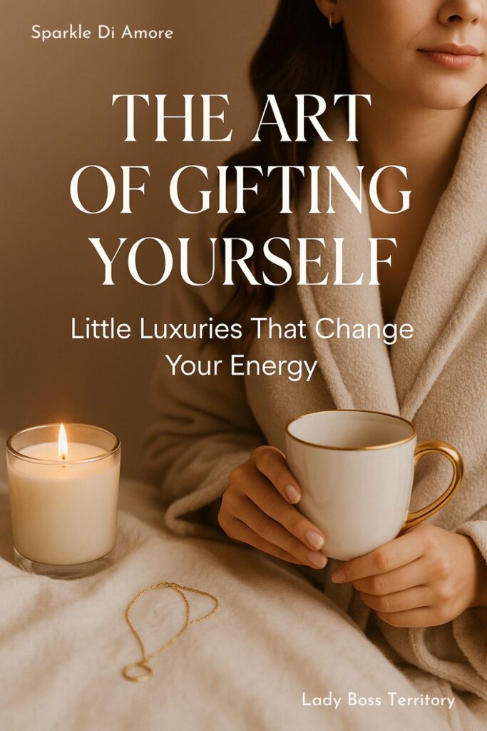 Woman enjoying self-care ritual with candle, coffee, and robe – the art of gifting yourself little luxuries to boost energy.