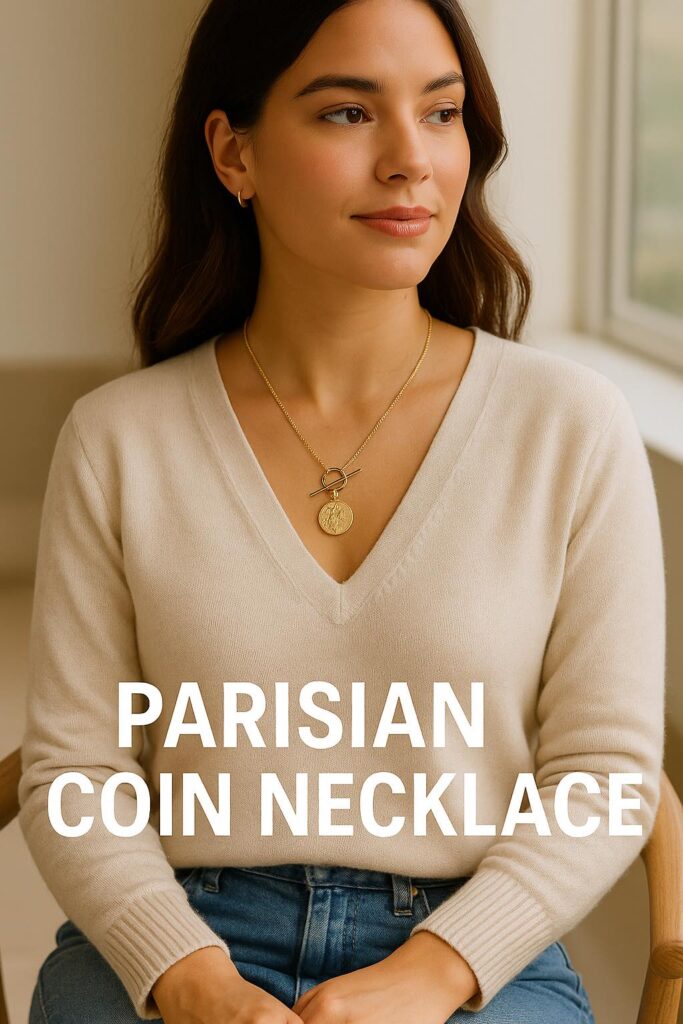 Woman wearing an 18K gold-filled Parisian coin necklace styled with a cream sweater and jeans, showcasing minimalist chic fashion for everyday elegance.