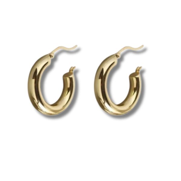 Pair of 18k gold-plated sterling silver 20mm hoop earrings on a white background, minimalist flat lay product image.