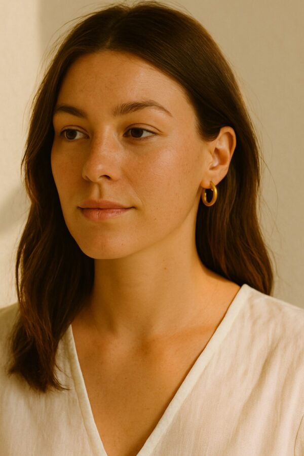 Brunette woman wearing 18k gold-plated sterling silver 20mm hoop earrings under warm sunlight, minimalist jewelry style with white linen top.