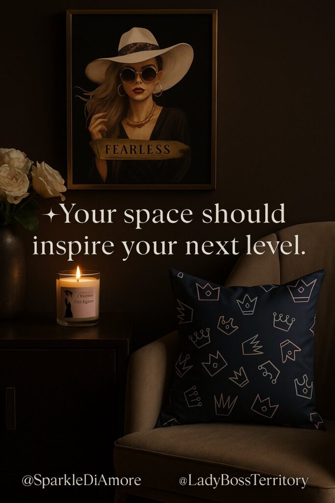 Bright and elegant room featuring a “Fearless” art print in a gold frame, a lit “Dream in Chic Elegance” candle, and a navy crown-pattern pillow on a cream chair, surrounded by soft ivory tones.