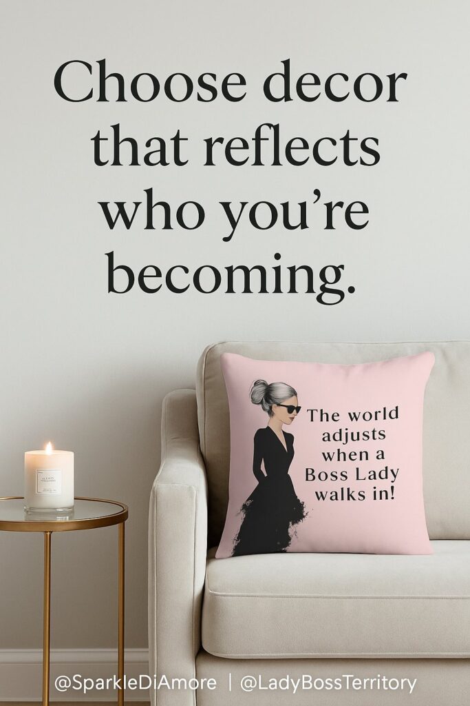 Elegant neutral living room with a blush “Boss Lady” pillow on an ivory chair beside a gold side table and candle, featuring the quote “Choose decor that reflects who you’re becoming.”