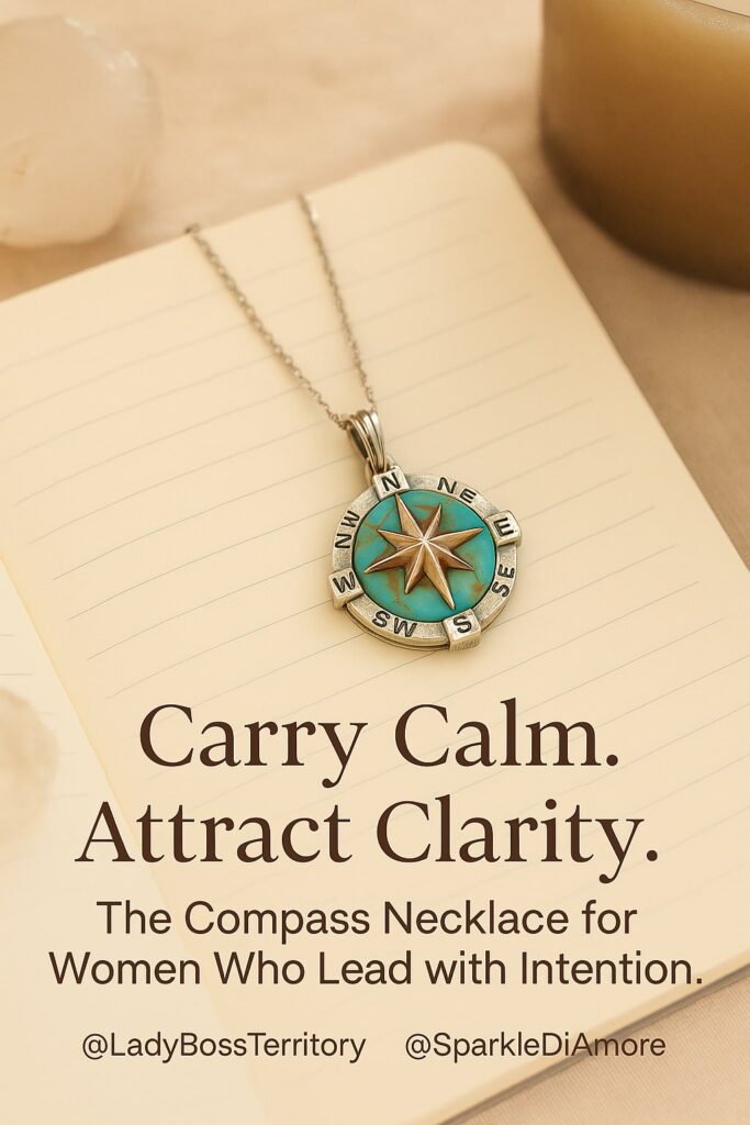 Compass necklace on journal symbolizing clarity and direction — manifestation jewelry for women who lead with intention.