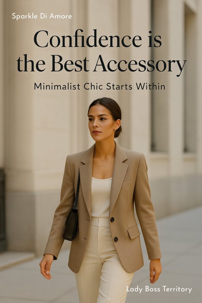 Minimalist chic fashion – woman in beige blazer and white trousers walking confidently with text overlay: “Confidence is the Best Accessory – Minimalist Chic Starts Within.”