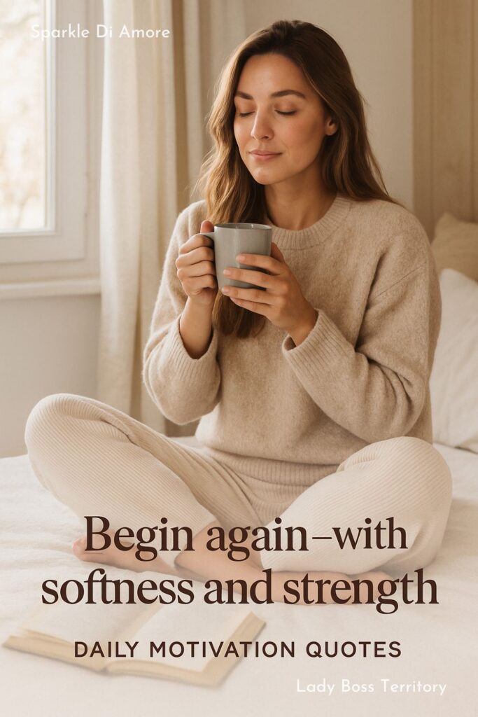 Woman sitting peacefully with a cup of coffee, text overlay reads “Begin again – with softness and strength. Daily motivation quotes.”