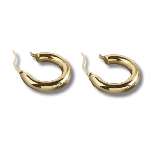 Pair of elegant 18k gold-plated sterling silver 20mm hoop earrings with soft shadows on a white background, minimalist everyday jewelry for women.