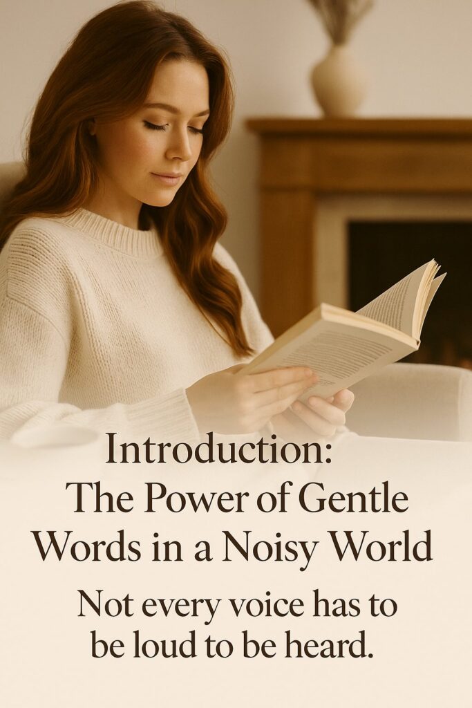 Woman reading a book peacefully with text overlay “The Power of Gentle Words in a Noisy World – Not every voice has to be loud to be heard”