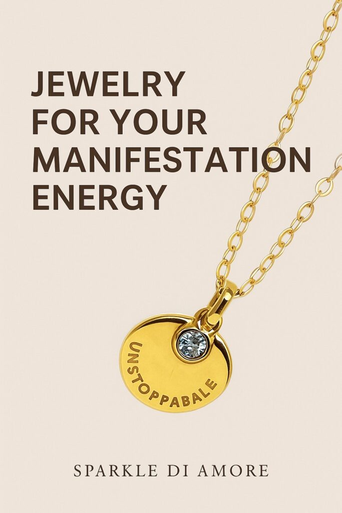 Gold necklace with “Unstoppable” pendant and crystal accent representing manifestation energy and empowerment for women.