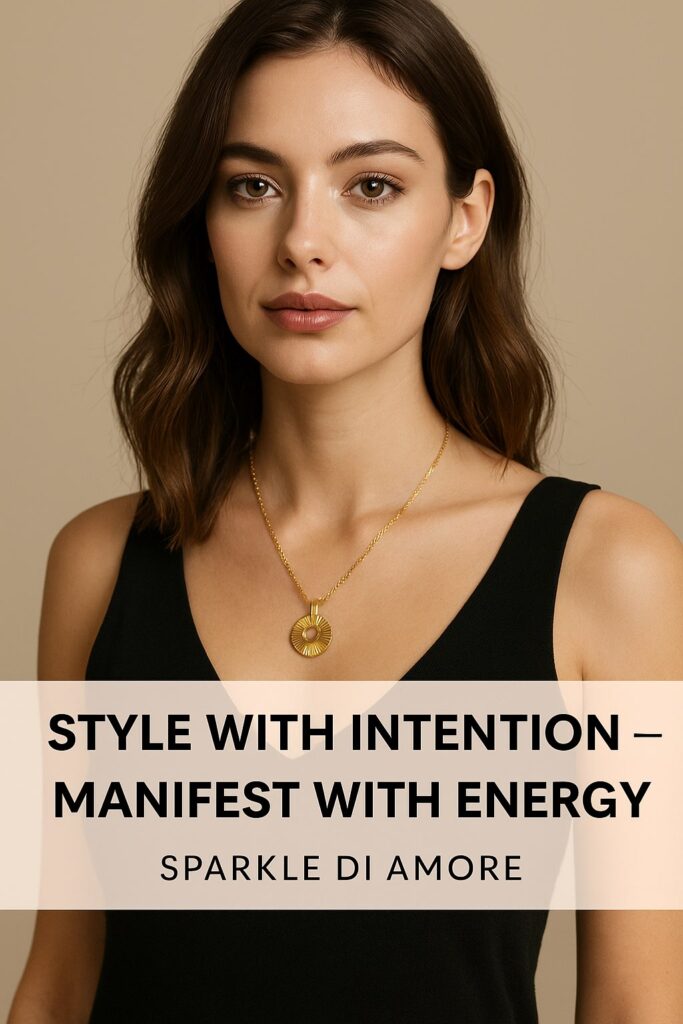 Elegant woman wearing a gold radiant pendant necklace symbolizing energy alignment, manifestation, and feminine empowerment.