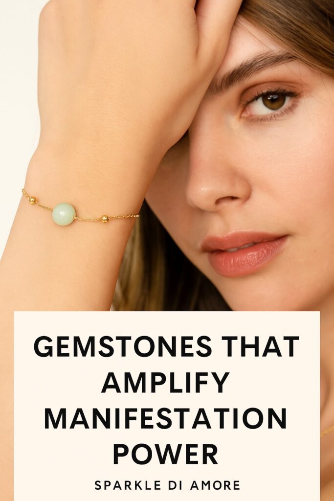 Close-up of a woman wearing a delicate gold bracelet with a green gemstone symbolizing manifestation, calm, and empowerment.