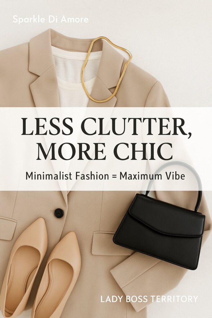 Flat lay of minimalist fashion staples – beige blazer, white tee, nude heels, black handbag, and a gold snake necklace (16-inch short necklace) with text overlay: “Less Clutter, More Chic – Minimalist Fashion = Maximum Vibe.”