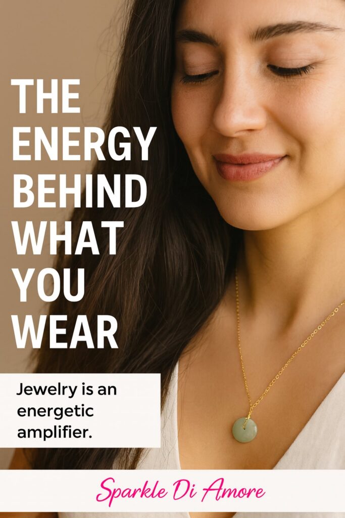 Woman wearing minimalist gold necklace with jade pendant, symbolizing the energetic power of jewelry and mindful intention.