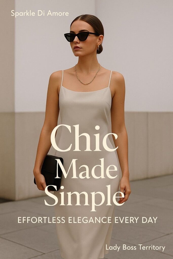 Minimalist chic fashion – woman in a beige slip dress with sunglasses and a gold paperclip chain, holding a black clutch, text overlay “Chic Made Simple – Effortless Elegance Every Day.”