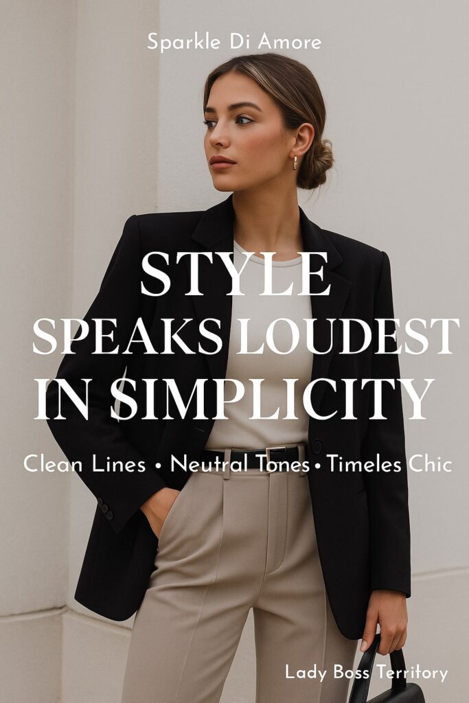 Minimalist chic outfit – woman in a black blazer, beige tailored trousers, and gold hoop earrings with text overlay: “Style Speaks Loudest in Simplicity – Clean Lines, Neutral Tones, Timeless Chic.”