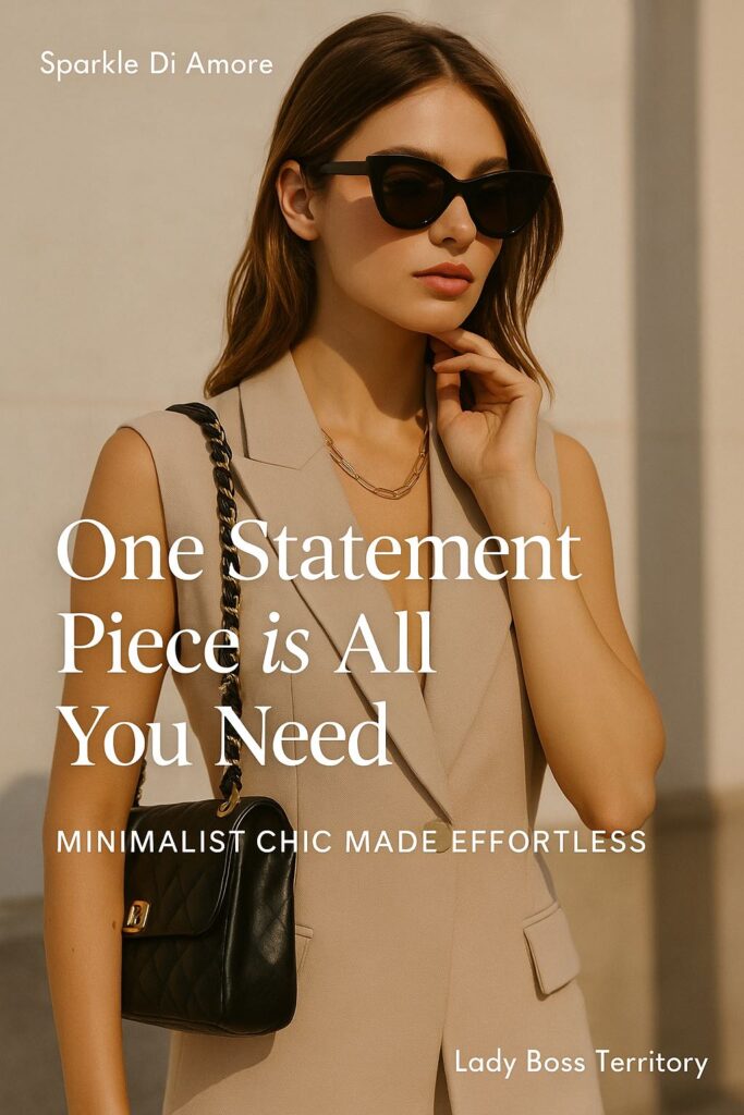 Minimalist chic fashion – woman in a beige sleeveless blazer with cat-eye sunglasses, black quilted statement bag, and gold chain necklace. Text overlay: “One Statement Piece is All You Need – Minimalist Chic Made Effortless.”