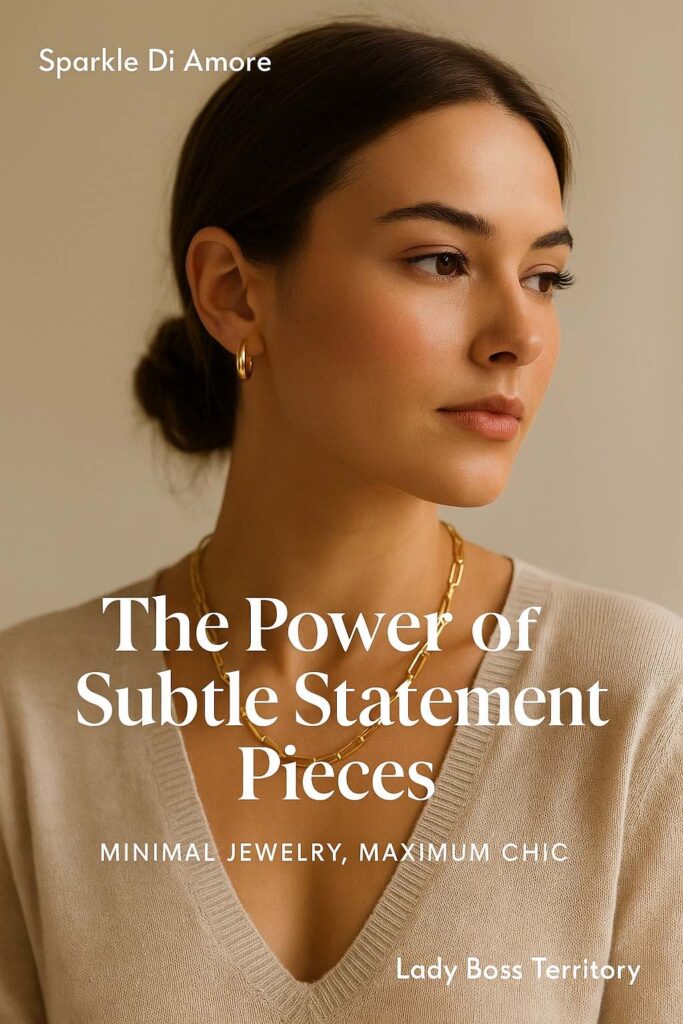 Minimalist jewelry inspiration – woman wearing a gold chain necklace and small gold hoop earrings with text overlay: “The Power of Subtle Statement Pieces – Minimal Jewelry, Maximum Chic.”