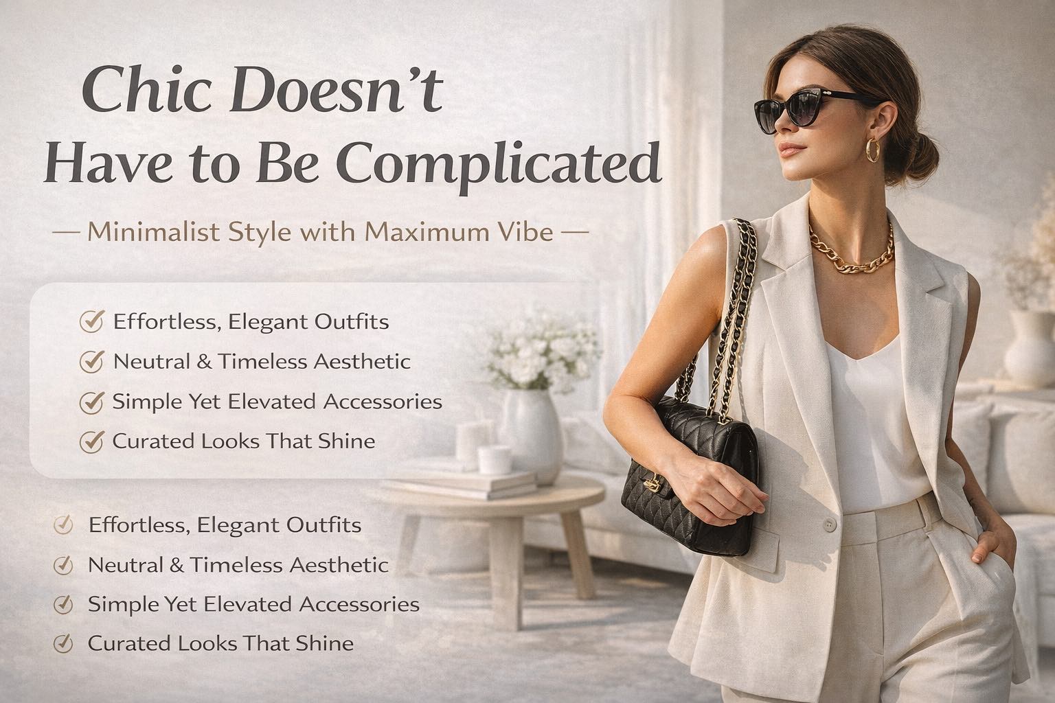 Minimalist chic fashion blog cover showing a stylish woman in a beige tailored outfit with gold jewelry and a black quilted bag, highlighting effortless elegance and timeless neutral style.