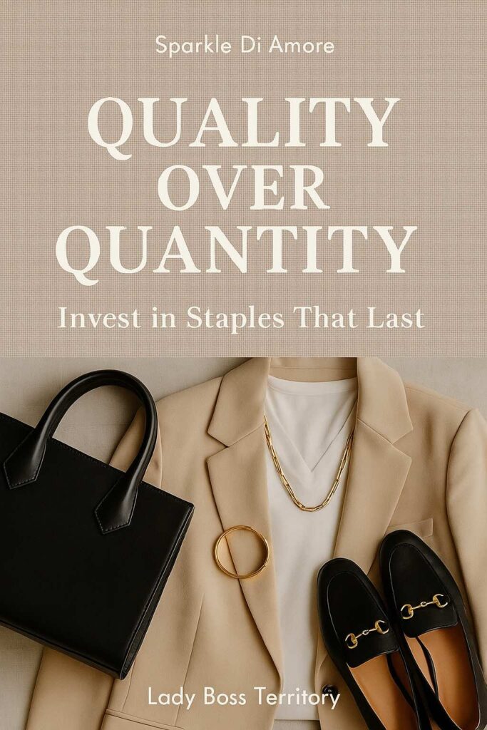 Flat lay of minimalist wardrobe staples – beige blazer, white top, black handbag, black loafers, and minimalist gold jewelry with text overlay “Quality Over Quantity – Invest in Staples That Last.”