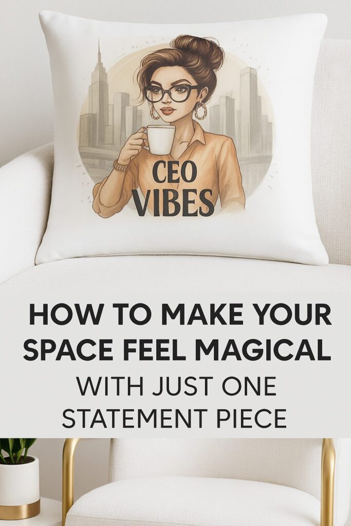 Neutral modern room with a white armchair, gold accent legs, and a “CEO Vibes” pillow against a light gray background, illustrating city-chic feminine home decor.