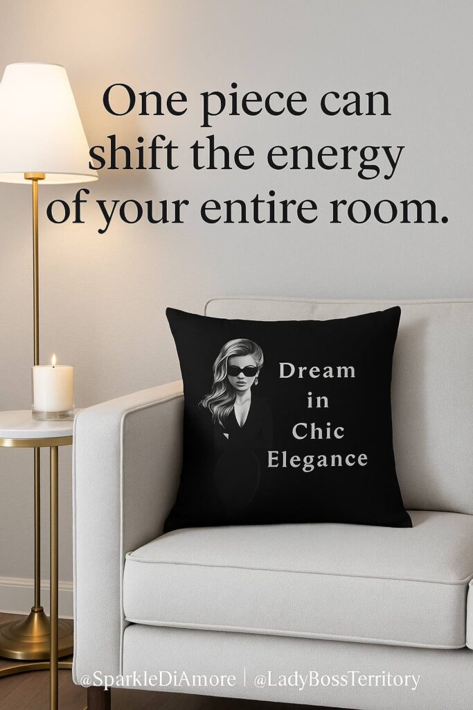 Minimalist living room in soft gray and ivory tones with a black “Dream in Chic Elegance” pillow, marble side table, and candle, illustrating how one piece can shift the energy of a room.