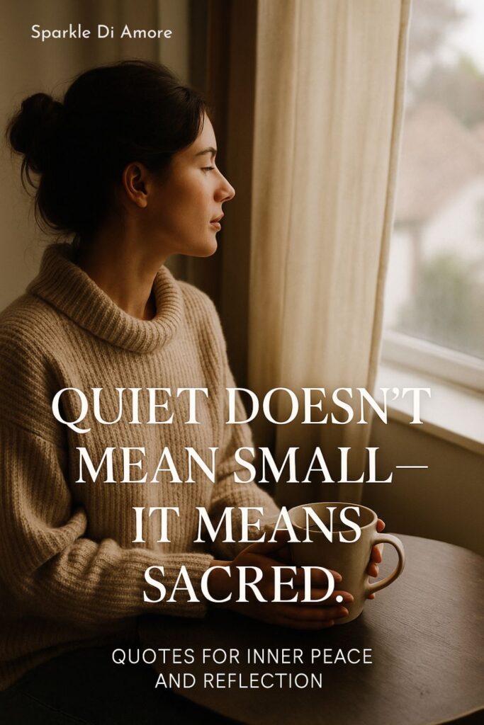 Woman sitting by a window holding a cup of coffee with text overlay: “Quiet doesn’t mean small — it means sacred. Quotes for inner peace and reflection.”