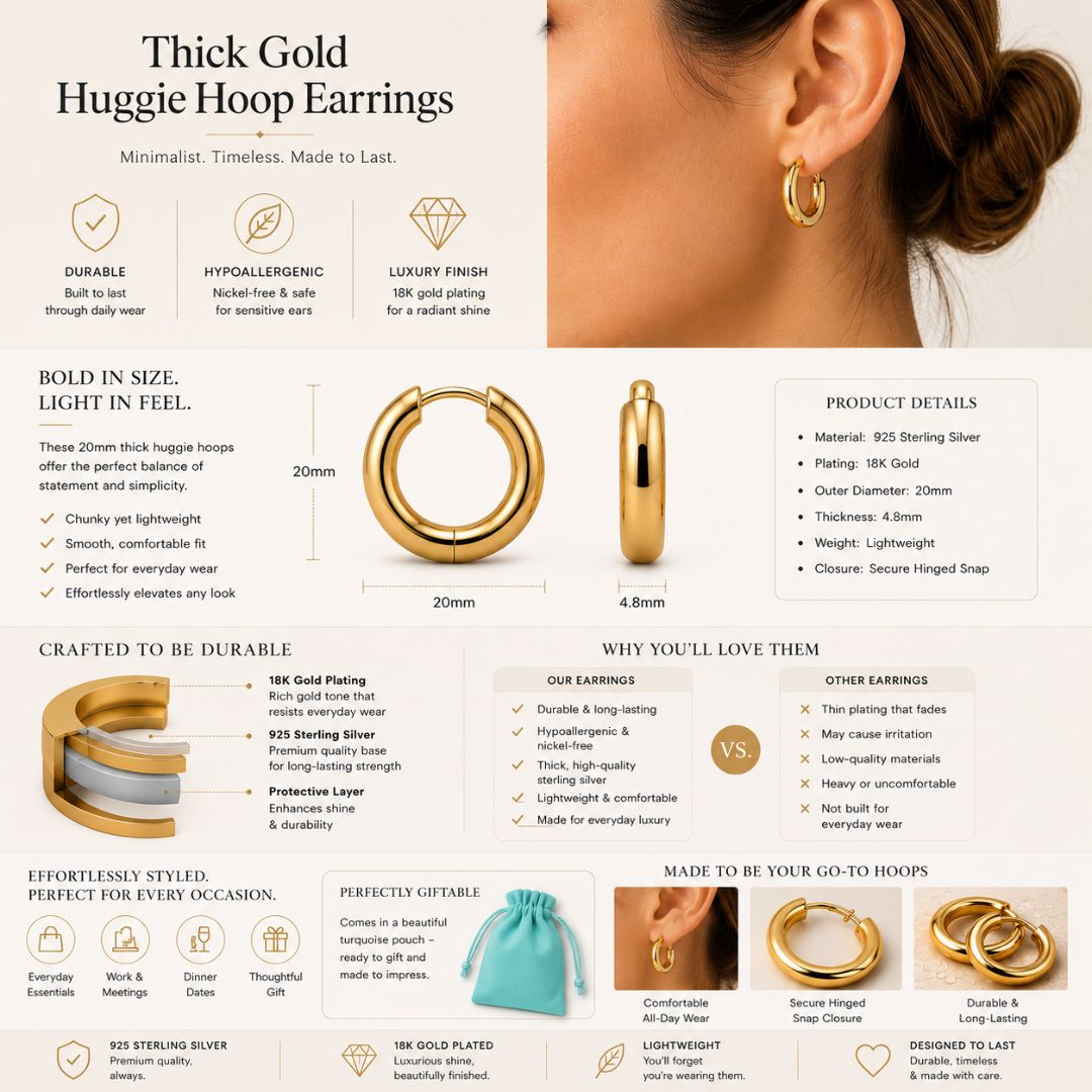 Thick Gold Huggie Hoop Earrings 20mm infographic showing 18K gold plated sterling silver construction and product details