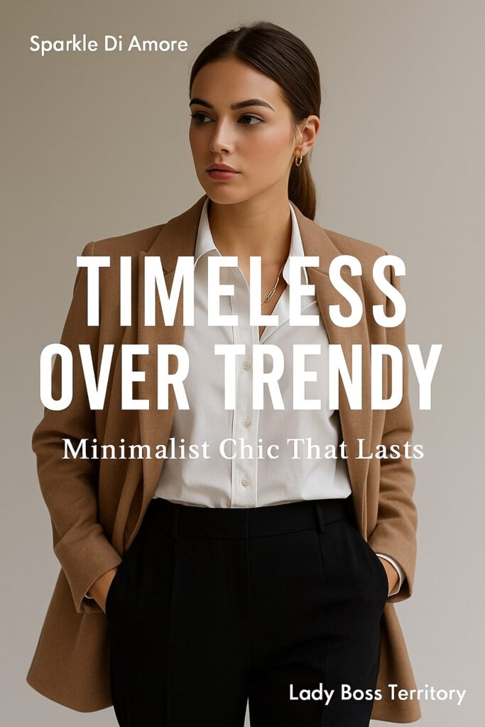 Minimalist chic fashion – woman in a camel blazer, white shirt, and black tailored trousers with text overlay: “Timeless Over Trendy – Minimalist Chic That Lasts.”