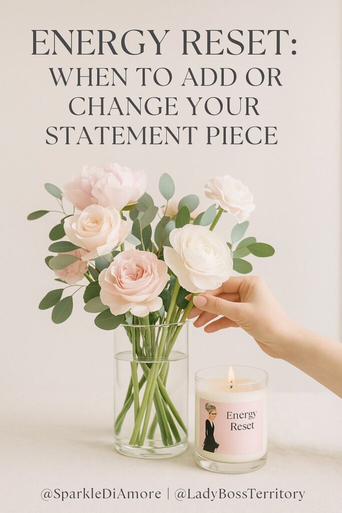 Airy feminine room with soft blush tones, natural light, and a woman arranging flowers under the quote “When your energy shifts, your space should too,” symbolizing renewal and calm.