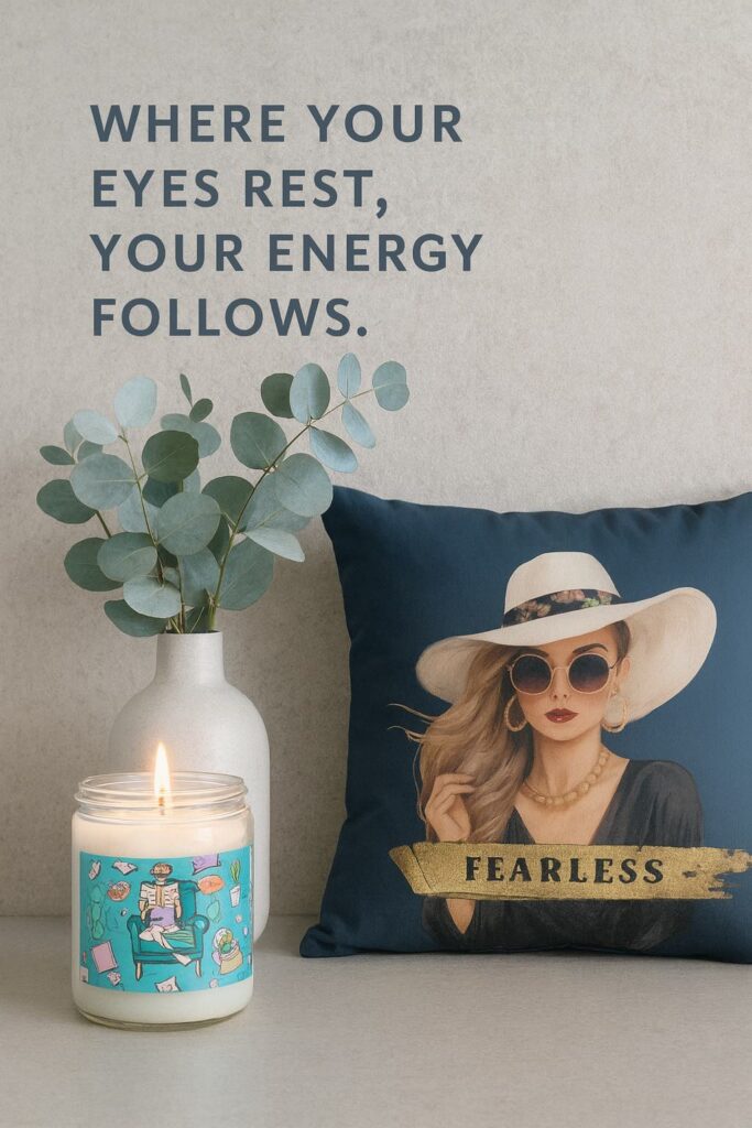 Cool-toned console vignette with a lit turquoise-labeled candle (no lid), white vase with eucalyptus, and a navy “Fearless” pillow; quote on wall reads “Where your eyes rest, your energy follows.”