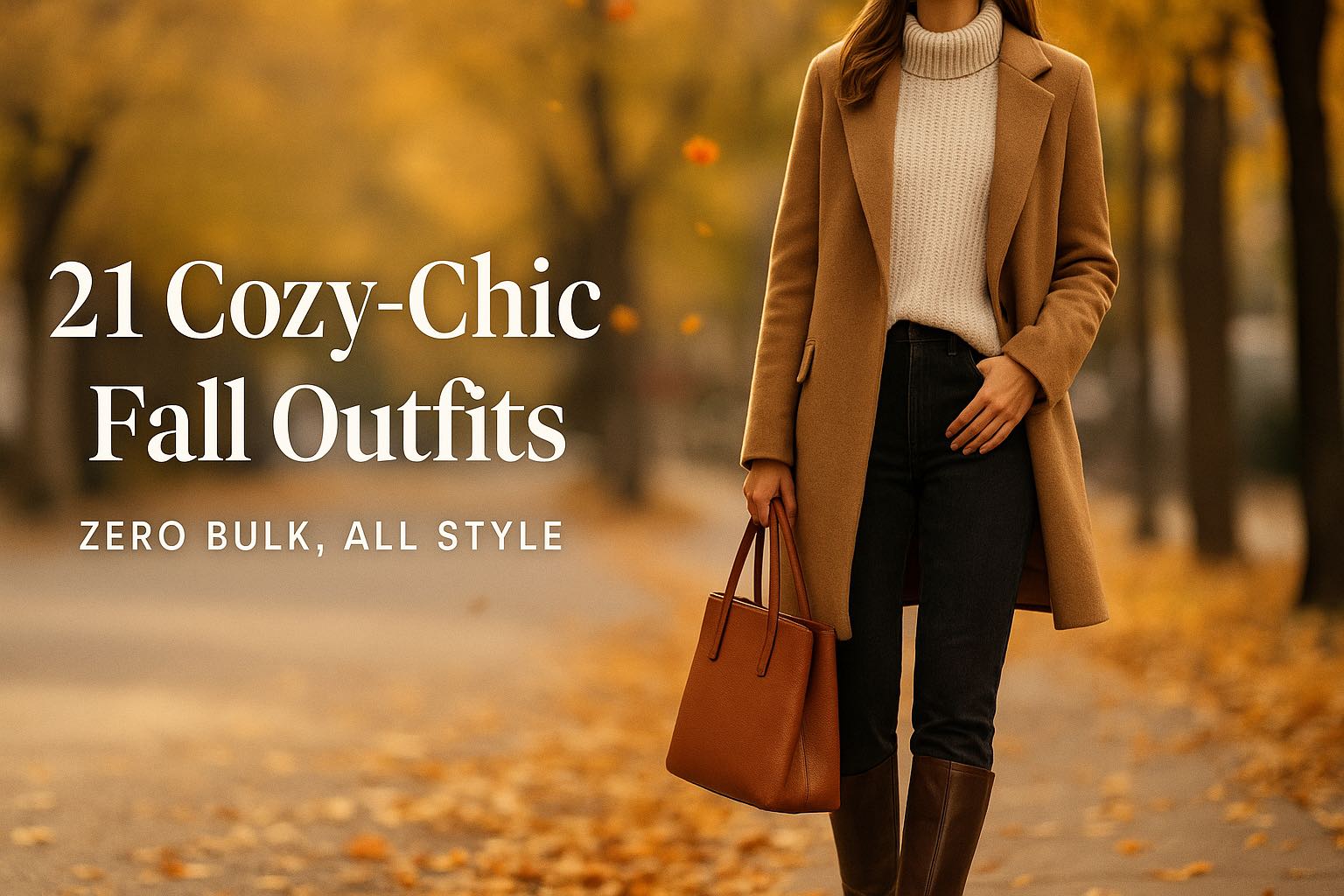 Stylish woman wearing a camel coat and leather boots walking on autumn sidewalk – cozy chic fall outfit inspiration