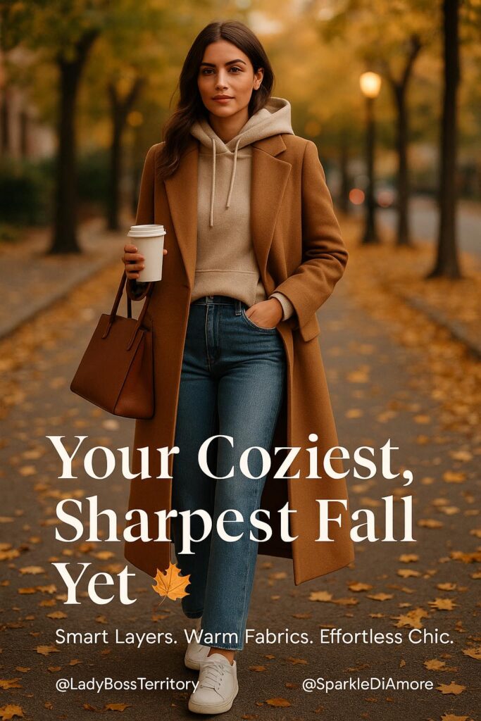 Woman walking down a fall street wearing a camel coat, beige hoodie, jeans, and white sneakers, showing a cozy and chic layered fall outfit.