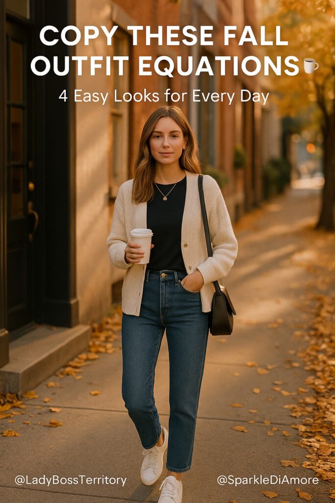 Woman walking down a fall street wearing jeans, a black tee, and a cream cardigan with coffee in hand, showing an easy everyday fall outfit.