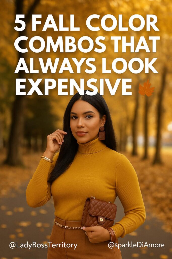 Woman in mustard turtleneck and brown skirt showing rich fall color palette that looks elegant and polished.