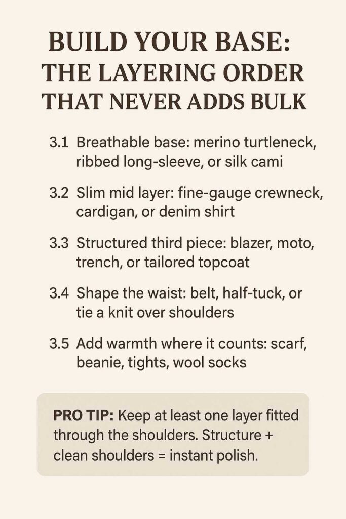 Fall outfit layering guide showing how to combine base, mid, and outer layers for warmth without bulk.