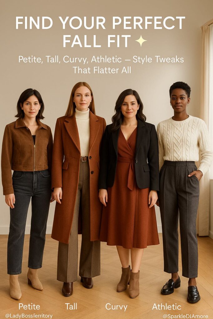 Four women with different body types—petite, tall, curvy, and athletic—wearing chic fall outfits that flatter every shape.
