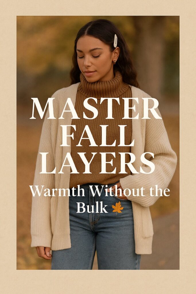 Woman wearing a tan turtleneck sweater layered with a cream cardigan and jeans, showing how to dress warm for fall without looking bulky.