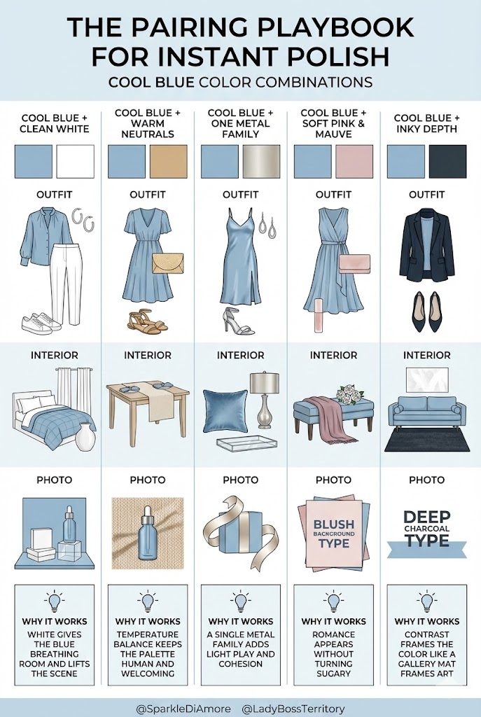 nfographic titled "The Pairing Playbook" showing 5 color combinations for Cool Blue: 1) Clean White, 2) Warm Neutrals like camel and beige, 3) Metallic Silver or Champagne, 4) Soft Pink and Mauve, and 5) Deep Charcoal or Midnight Blue. Provides styling tips for fashion, interiors, and photography. Branded by @SparkleDiAmore and @LadyBossTerritory.