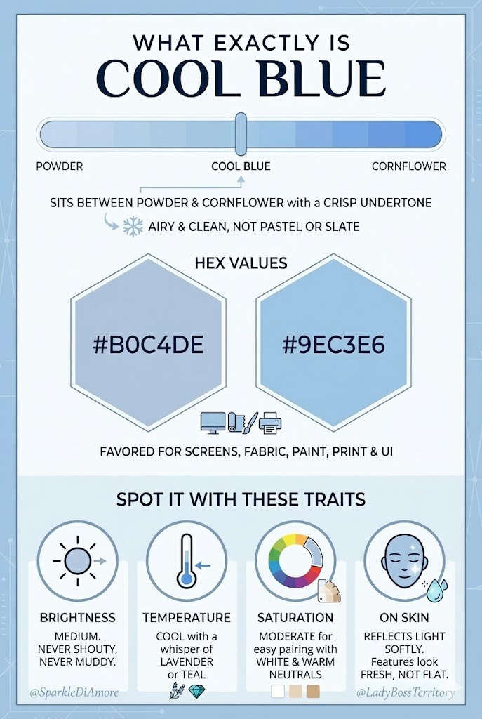 Infographic defining the "Cool Blue" color trend for 2026. Text explains it sits between powder and cornflower blue with hex codes B0C4DE and 9EC3E6. Includes traits like cool temperature and moderate saturation. Image branded by @SparkleDiAmore and @LadyBossTerritory