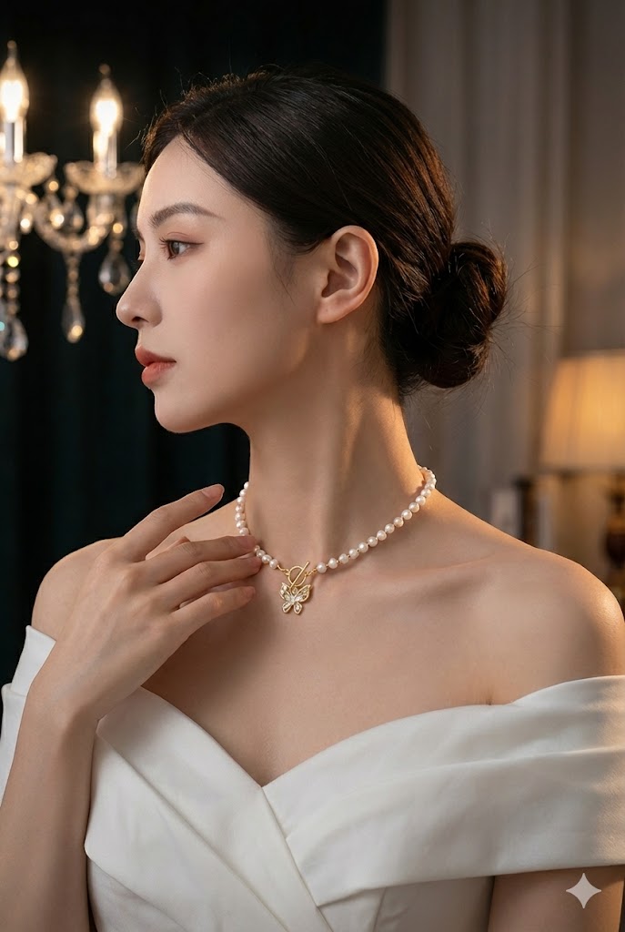 Model wearing a freshwater pearl choker with a unique front-facing gold butterfly toggle clasp.