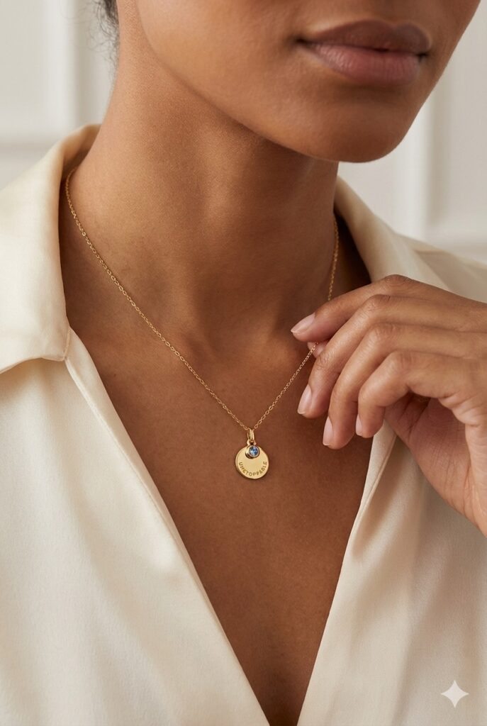 Close up of a model wearing the "Unstoppable" engraved gold coin necklace.