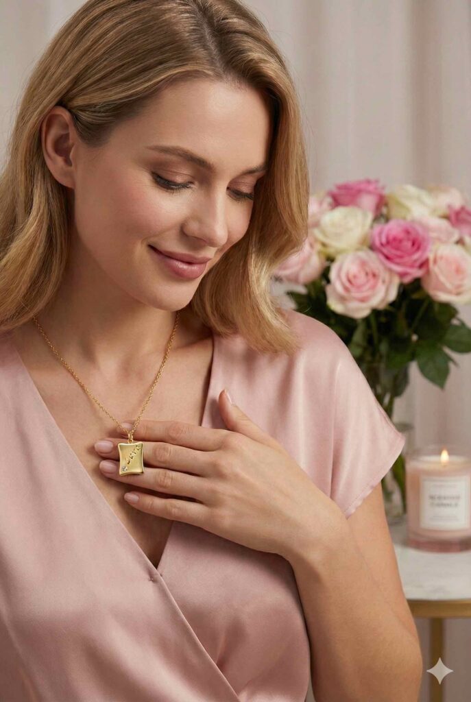 Woman wearing a gold rectangular tag necklace engraved with the word "Love" vertically and a crystal accent.
