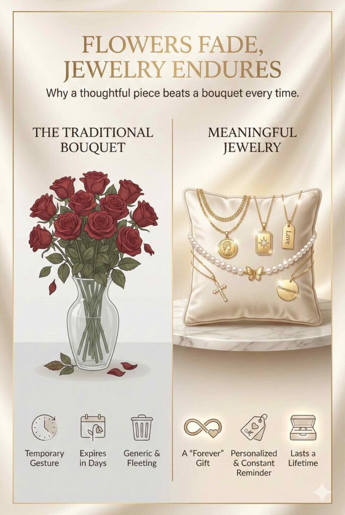 nfographic titled "Flowers Fade, Jewelry Endures" comparing a vase of wilting red roses labeled "Temporary Gesture, Expires in Days" to a luxurious pillow holding six gold necklaces (including pearl butterfly choker, starburst pendant, love tag) labeled "A 'Forever' Gift, Lasts a Lifetime, Personalized.
